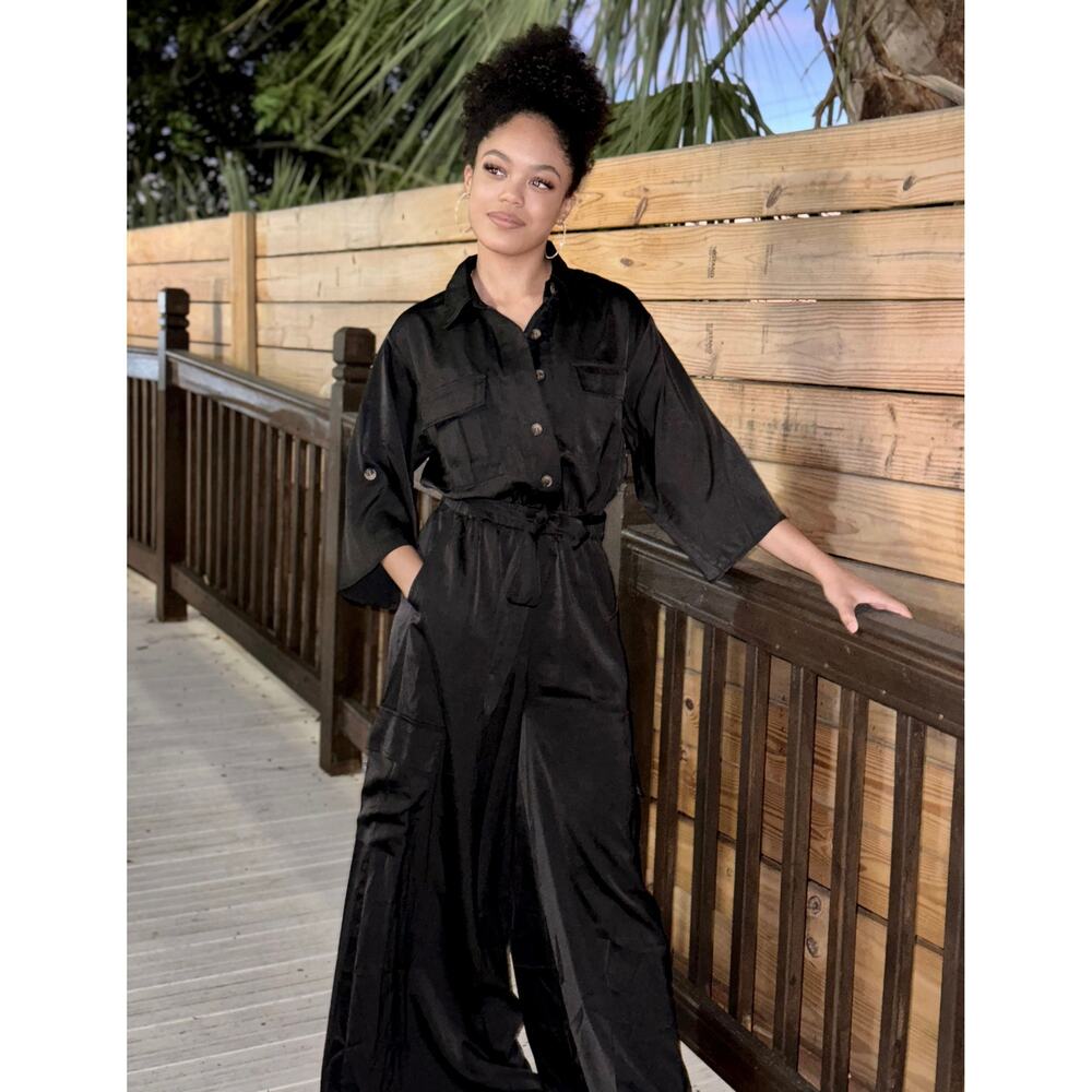 NWT Black Cargo Jumpsuit Tie Waist Utility Chic